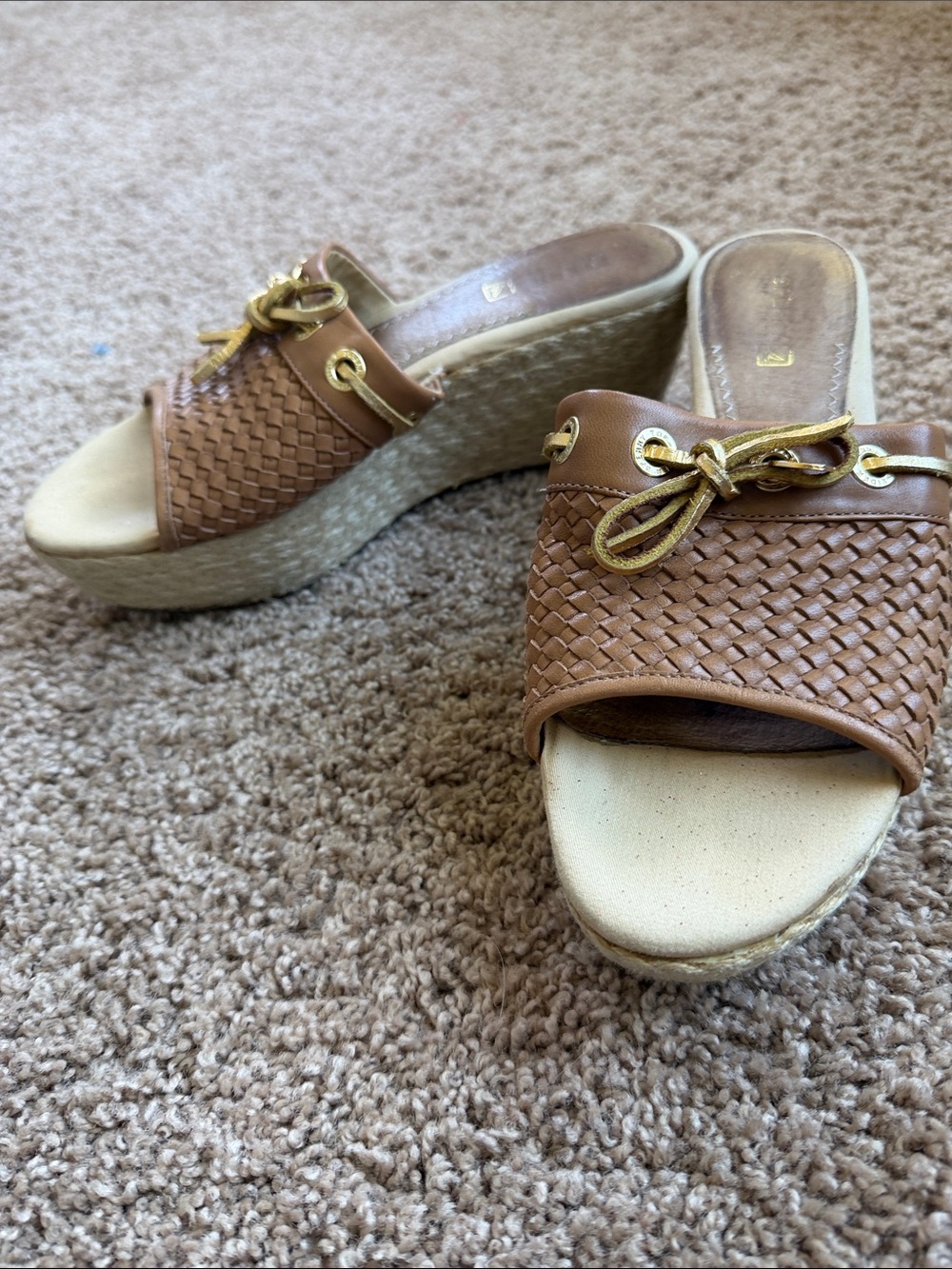 Sperry Tan Woven Espadrille Wedge Slide with Gold-Tone Bow Size 7